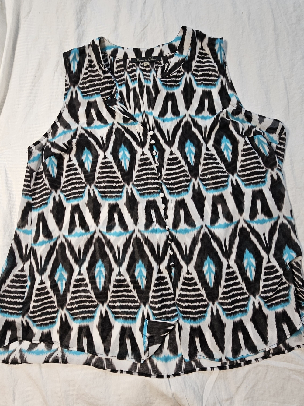 Rose & Olive Black, White & Teal Geometric Sheer Sleeveless Top Size 2X